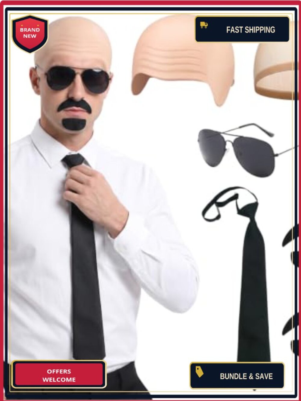 Halloween Bald Cap Costume Set Latex Wig Net Fake Beard Glasses 8 Pc